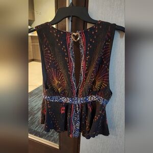 Free People Multicolor Embroidered Top With Gold Heart Brooch
